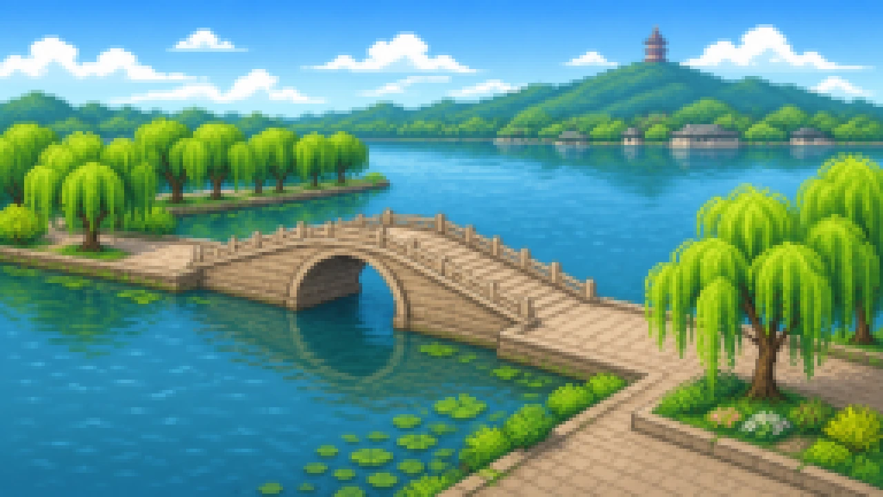 杭州 · 西湖断桥 · 45°三维俯视